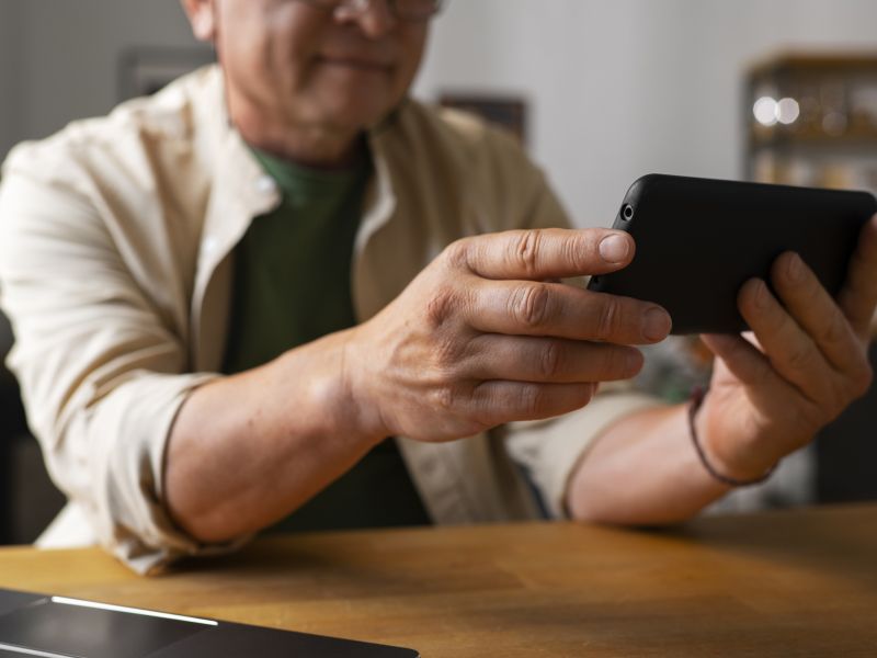 Retrato de un hombre mayor que usa un telefono inteligente en casa