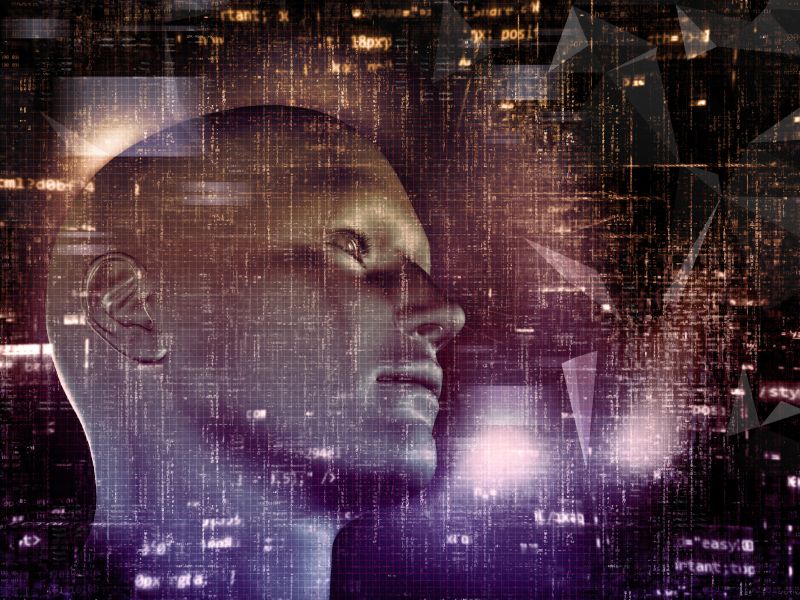 3d render techno background with male head programming code