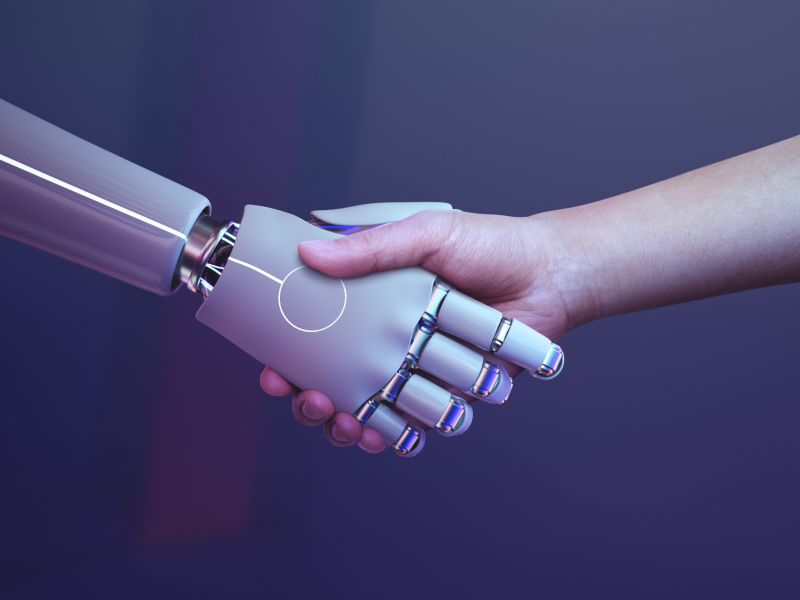 Fondo humano de apreton de manos de robot era digital futurista