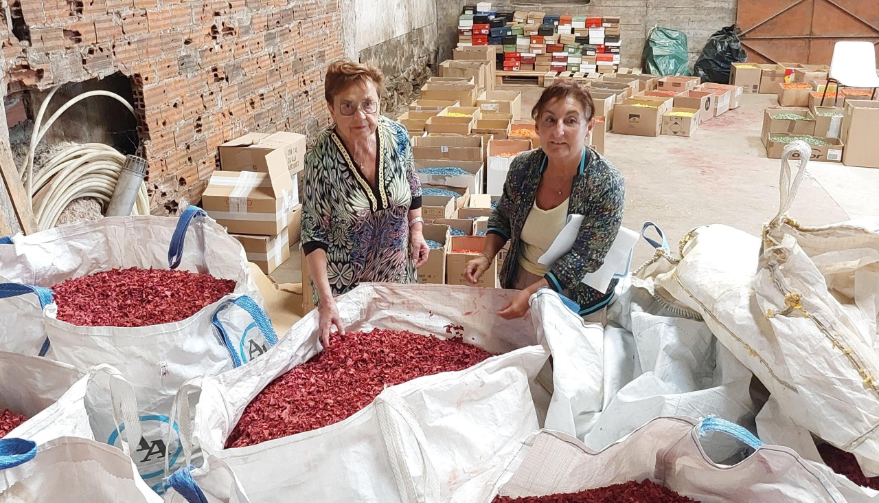 Lola de Queipa y Mari Carmen Ríos supervisando las numerosas cajas y sacas de viruta teñida de distintos colores que almacenan en el Baixo do Lerio