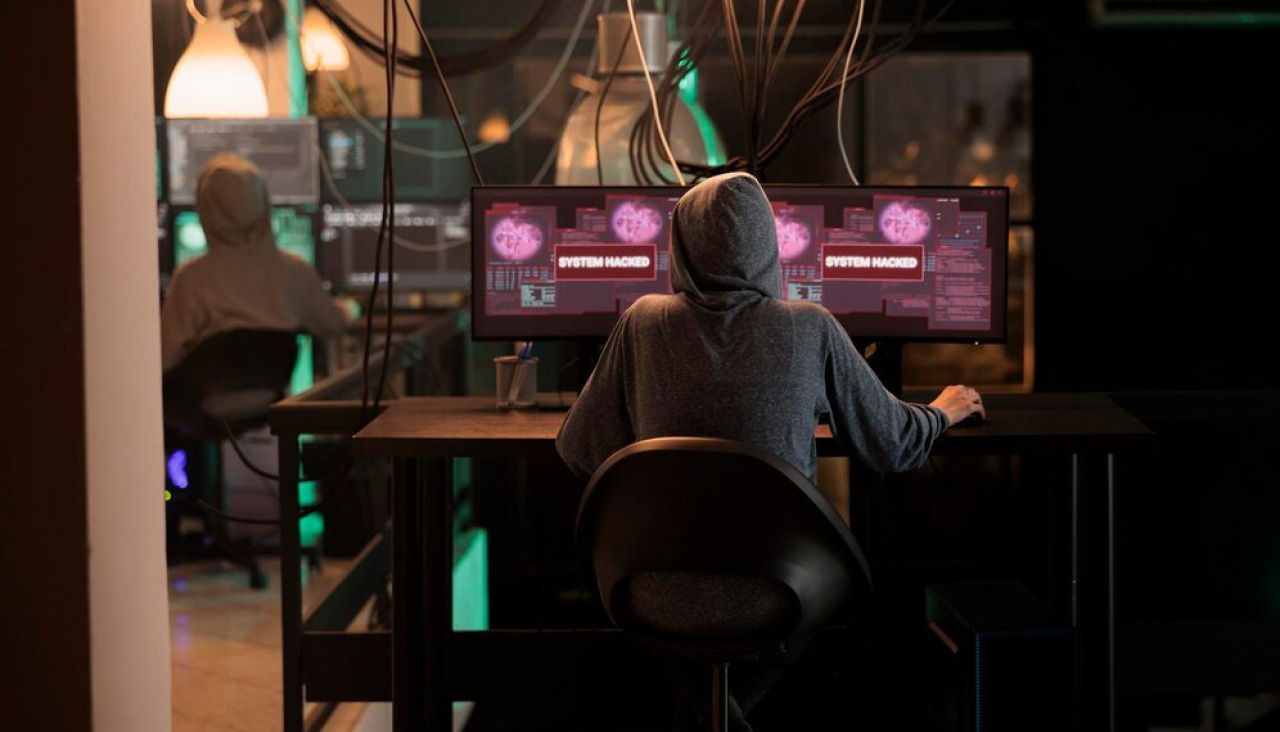Joven ladron que trabaja piratear sistemas informaticos monitores multiples utilizando malware servidor plantar virus hacker peligroso haciendo phishing cometiendo ciberterrorismo robando contrasenas 482257 68986