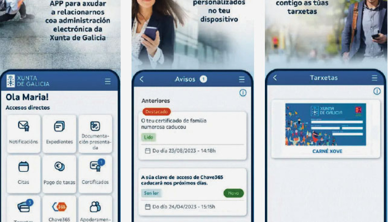 Capturas de pantalla explicativas de la aplicación XuntaEu y algunas de las funciones que ofrece