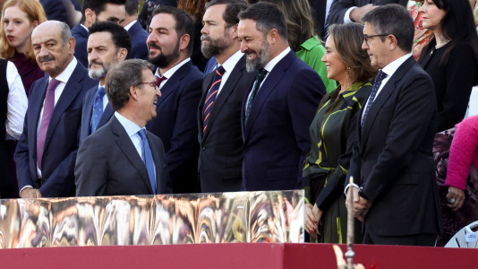 Alberto Nuñez Feijoo saluda a Santiago Abascal en el desfile del Dia Nacional